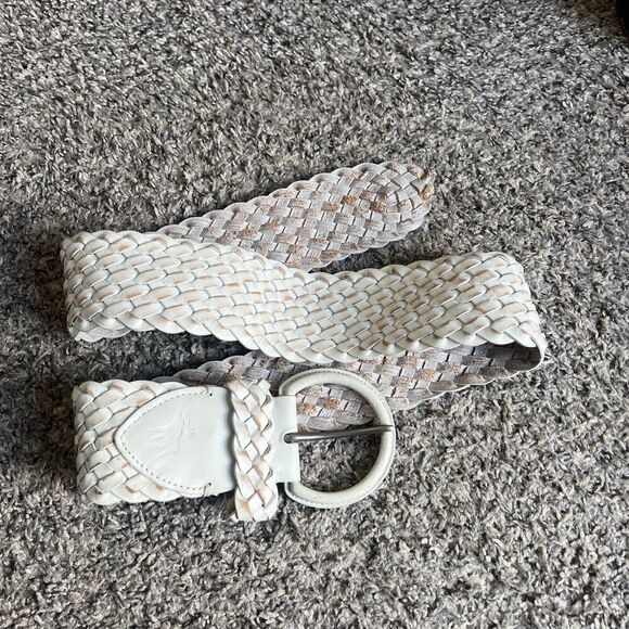 Abercrombie Fitch Wide Waist Belt White Distressed Leather Woven Braided M/L - Picture 5 of 6
